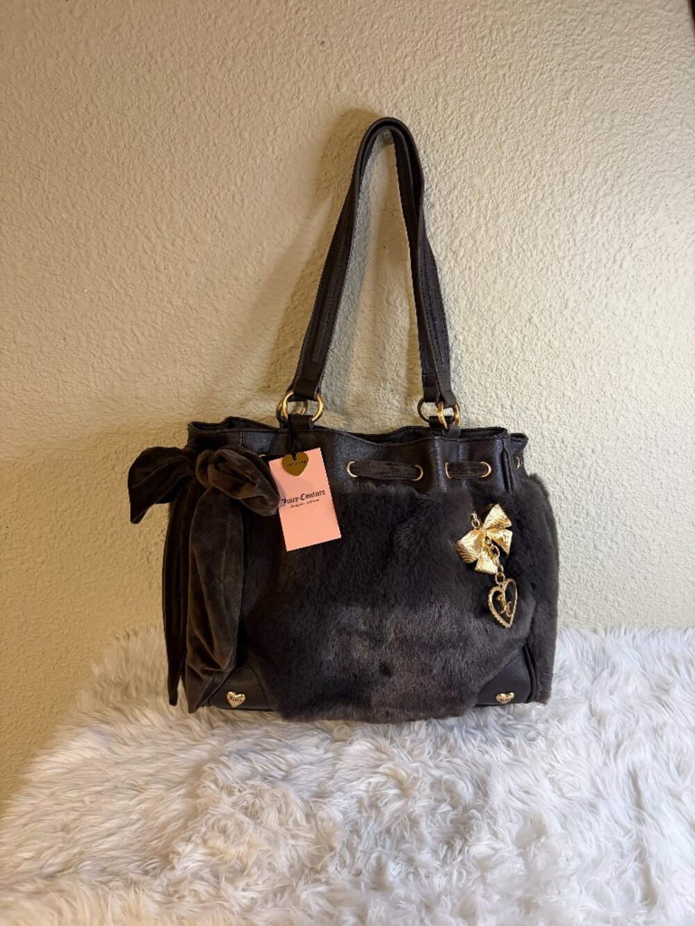 Juicy Couture Soul Sister Daydreamer Chocolate Faux Fur Bow Tote Bag NWT